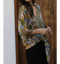 Nostalgia - V Neck Tie Waist Kimono Sleeve Blouse