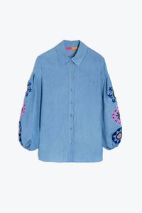 Vilagallo - Floral Embroidery Puffed Sleeve Lyocell Shirt