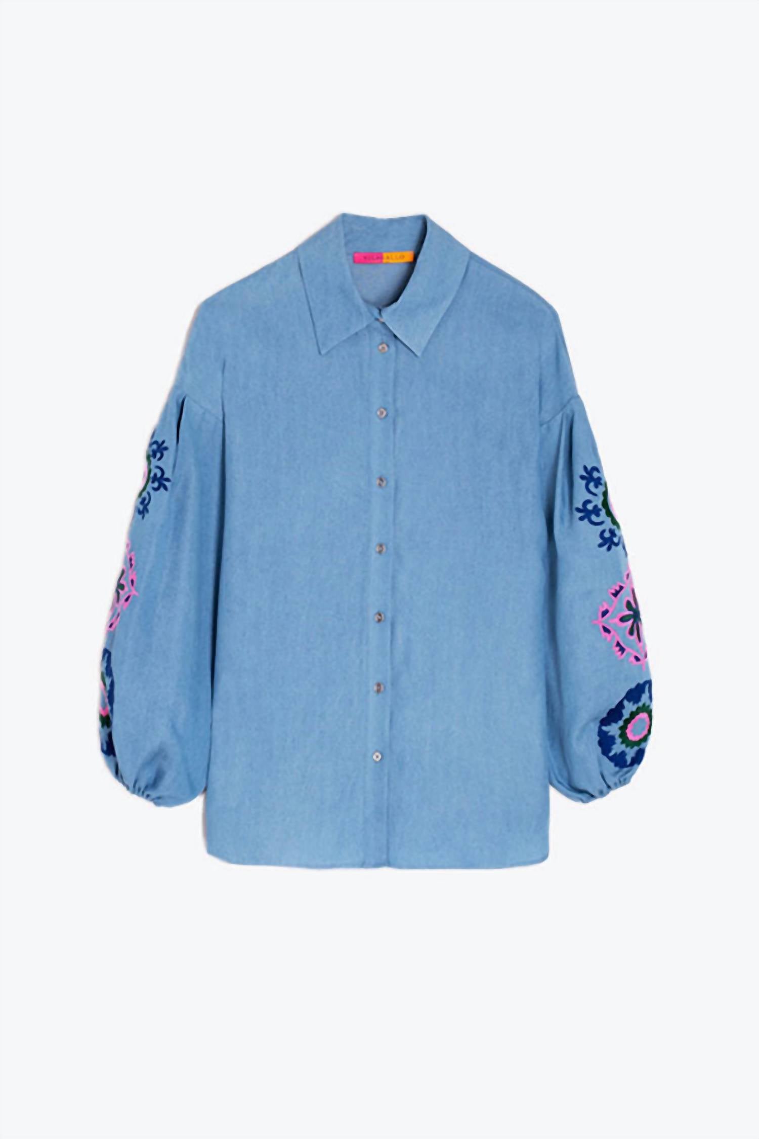 Vilagallo - Floral Embroidery Puffed Sleeve Lyocell Shirt