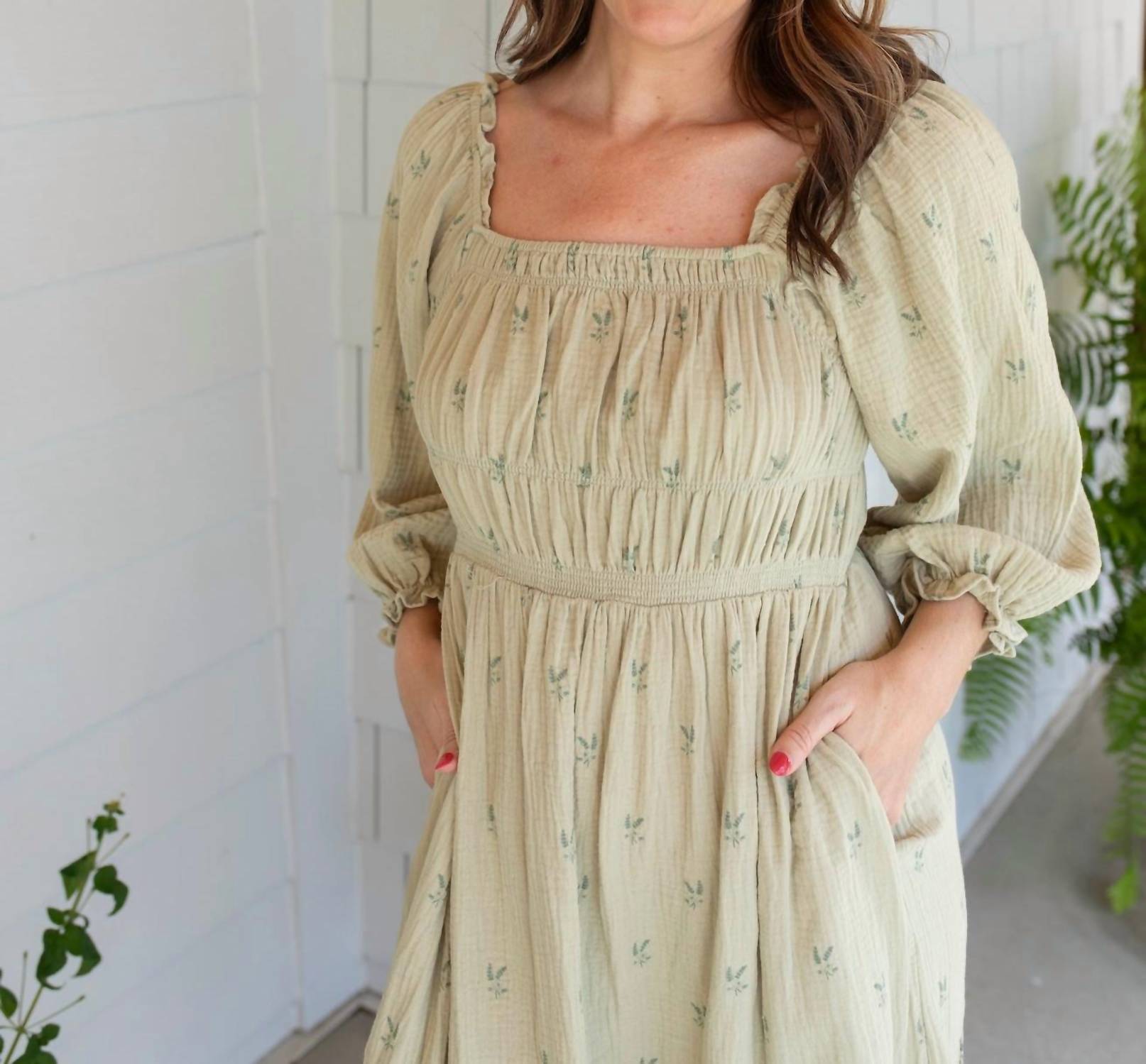 GRADE & GATHER Garden Gauze Midi Dress in green - women's dress - detail view