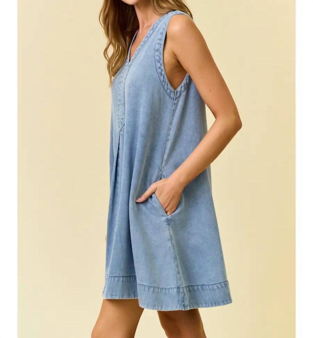 Doe And Rae - Denim V Neck Sleeveless Mini Dress