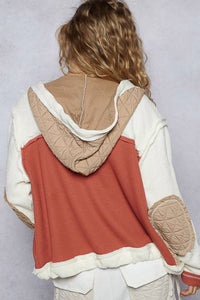 POL Hooded Button Down Combo Shacket in latte brick - women's jacket - alternate view