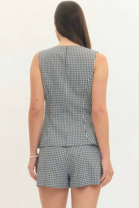 entro Pamela Gingham Sleeveless Romper in black - women's pants - detail view