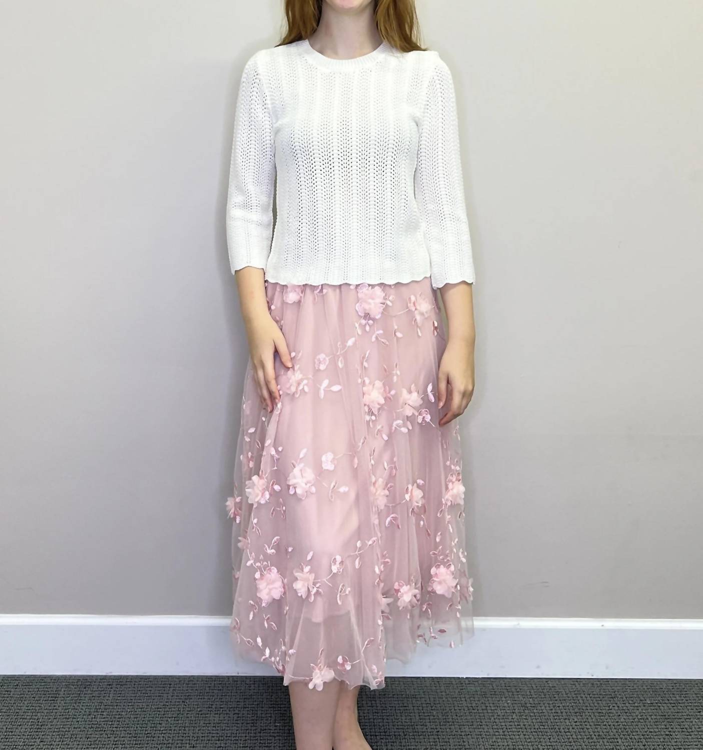 Papillon - Open Knit 3/4 Sleeve Sweater With Scalloped Hem