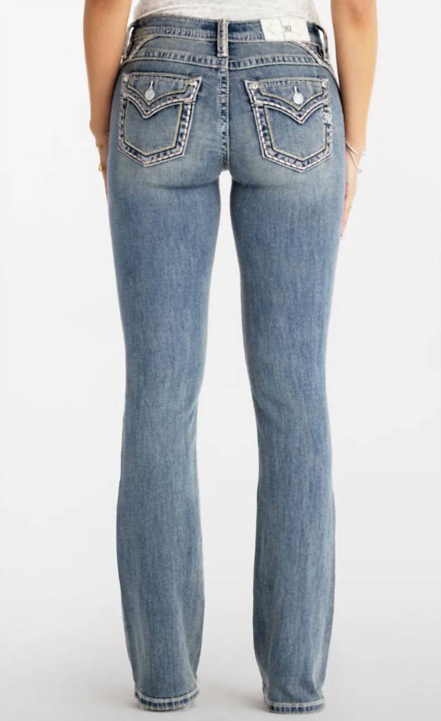 Miss Me Women's Sylvie Stitched Mid Rise Boot Cut Jeans in medium vintage - women's pants - detail view