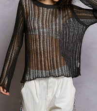 Pol - Round Neck Open-knit Long Sleeve Thin Sweater Top