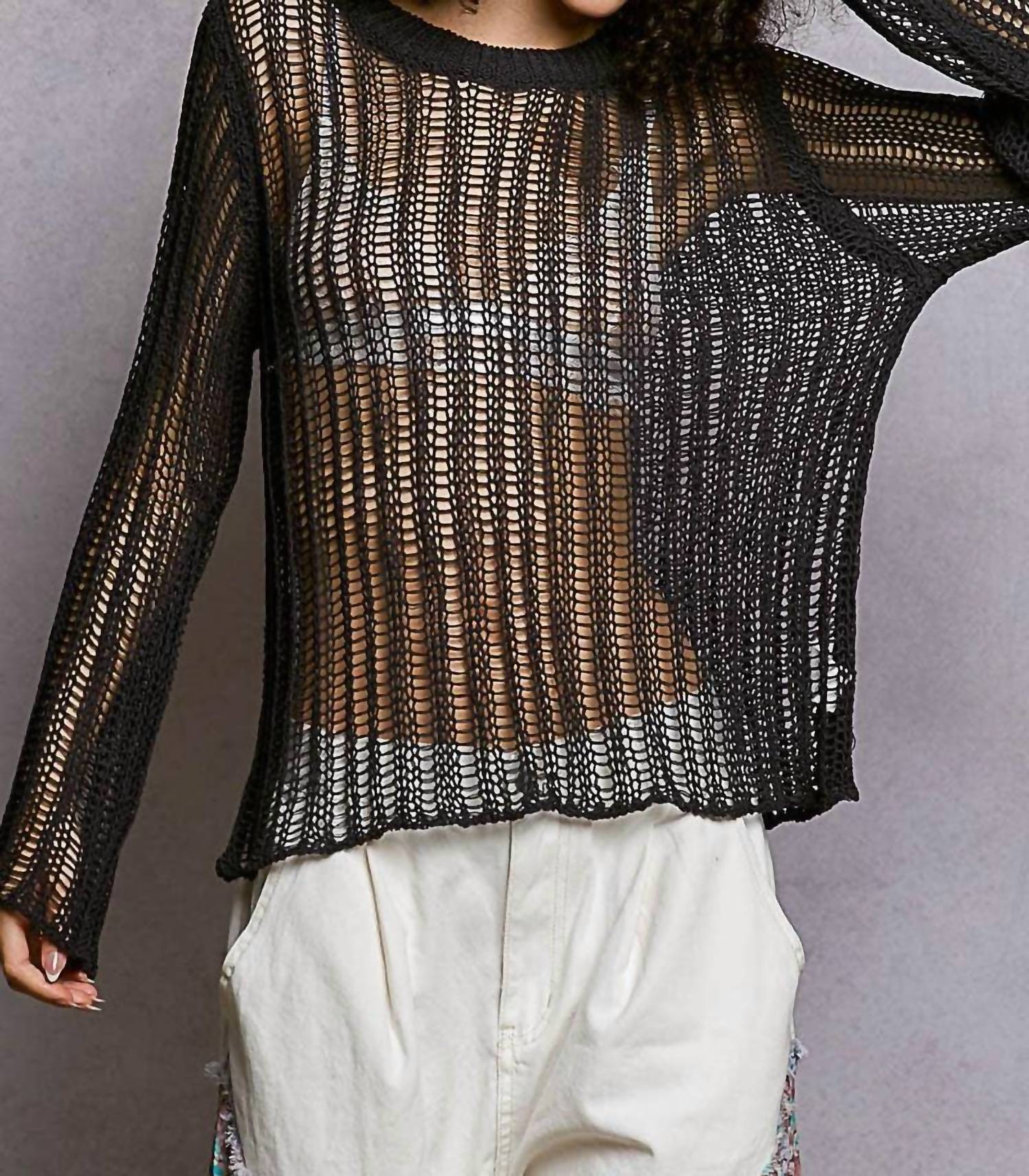Pol - Round Neck Open-knit Long Sleeve Thin Sweater Top