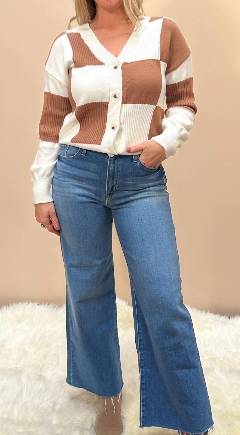 Little Daisy Closet - Checkered Ribbed V Neck Sweater Cardigan