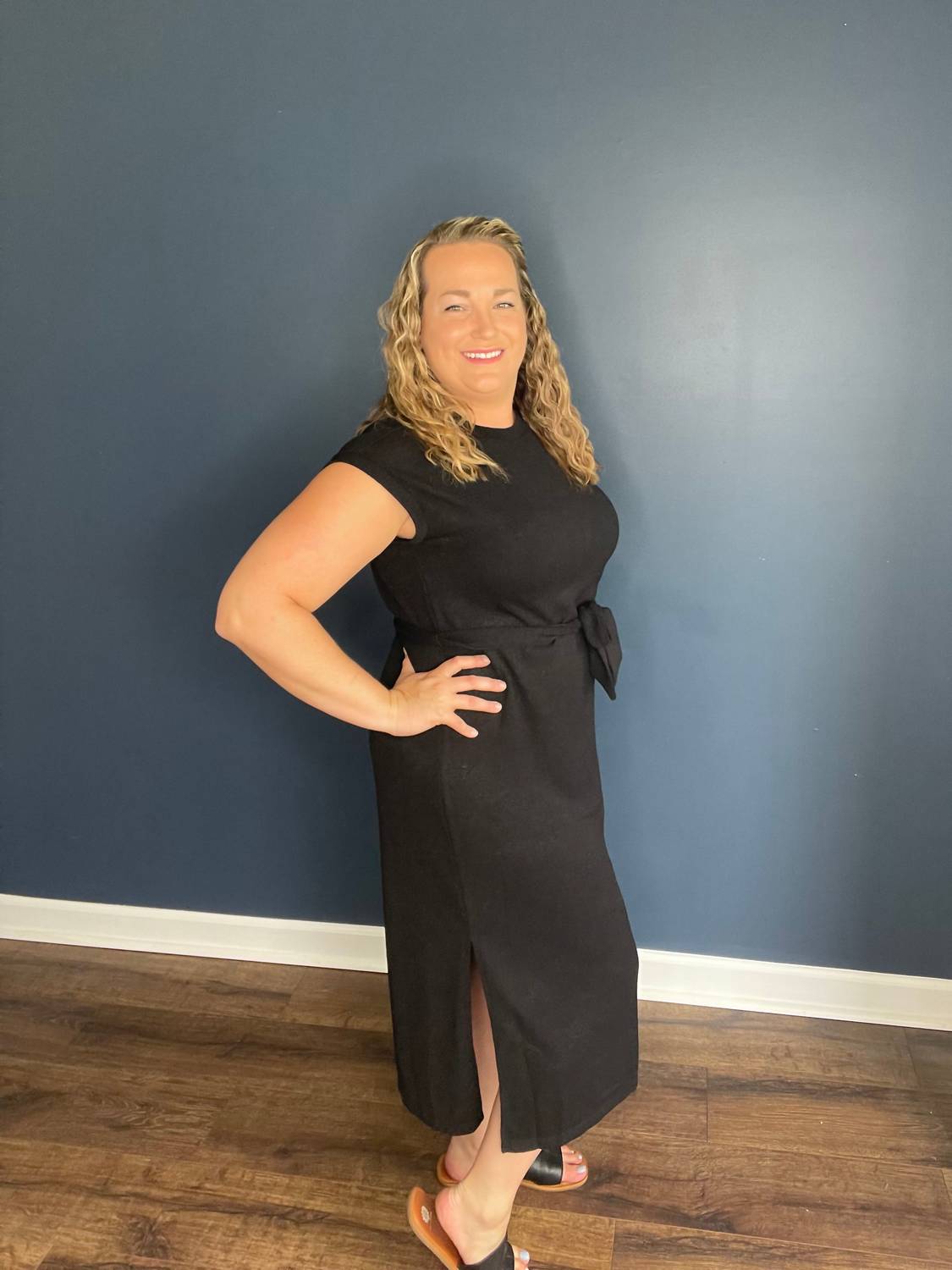 Doe and Rae Midi Knit Dress With Tie Waist in black - women's dress - alternate view