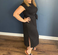 Doe and Rae Midi Knit Dress With Tie Waist in black - women's dress - detail view