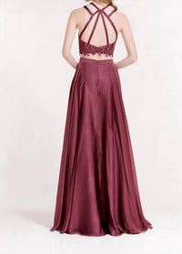 ALYCE PARIS Two Piece Double Halter Straps Crisscross Prom Dress in black cherry - women's dress - detail view