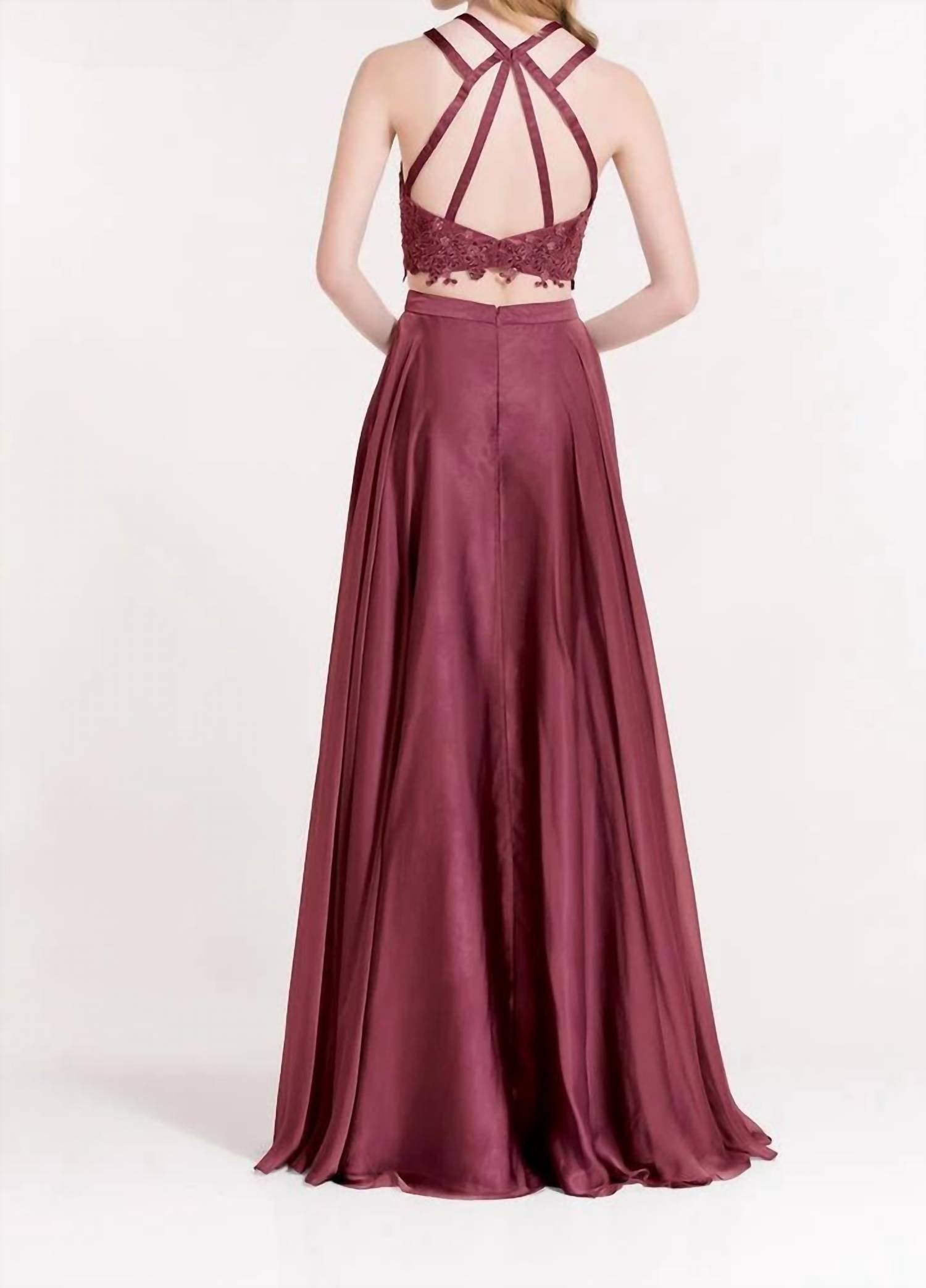 ALYCE PARIS Two Piece Double Halter Straps Crisscross Prom Dress in black cherry - women's dress - detail view