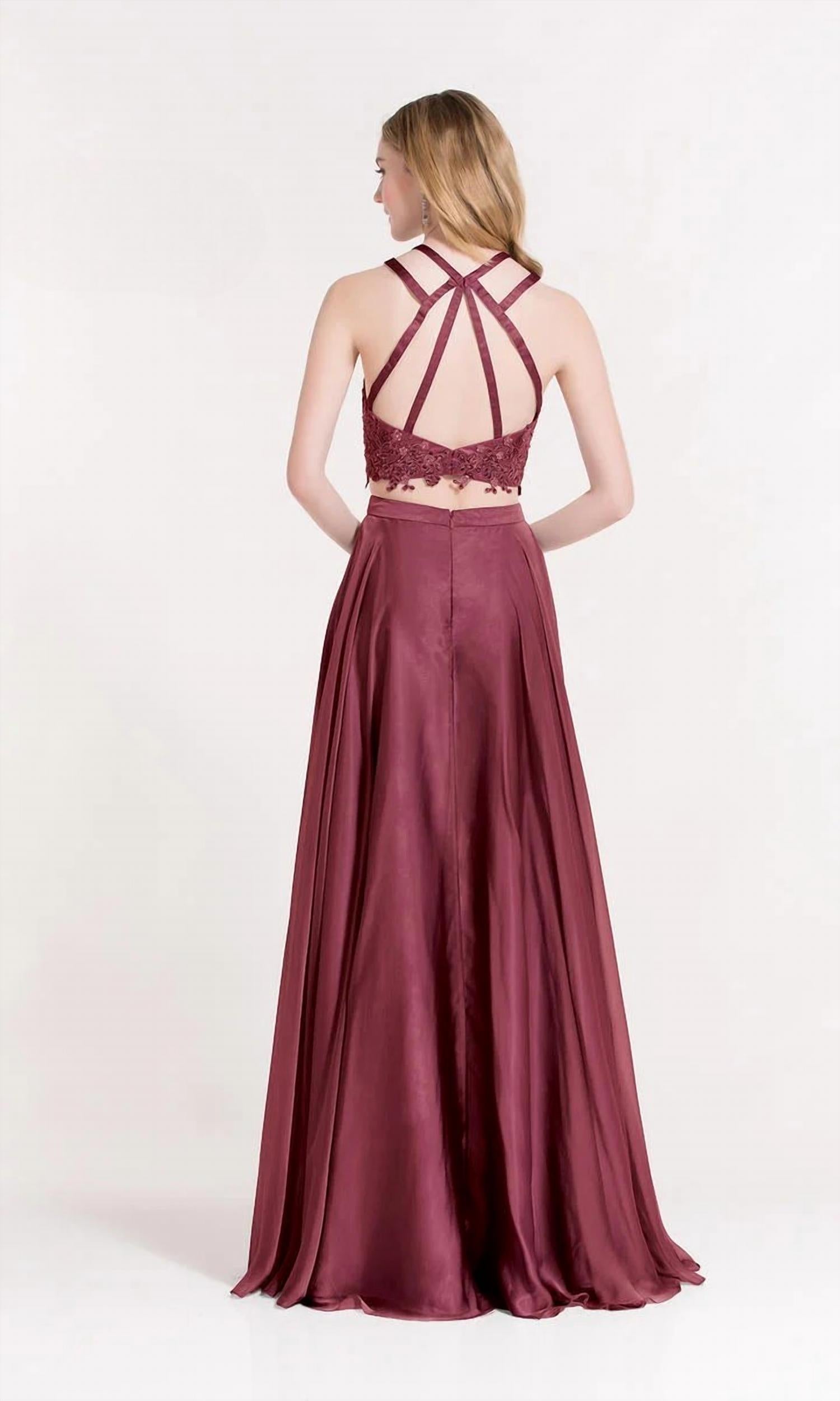 ALYCE PARIS Two Piece Double Halter Straps Crisscross Prom Dress in black cherry - women's dress - alternate view