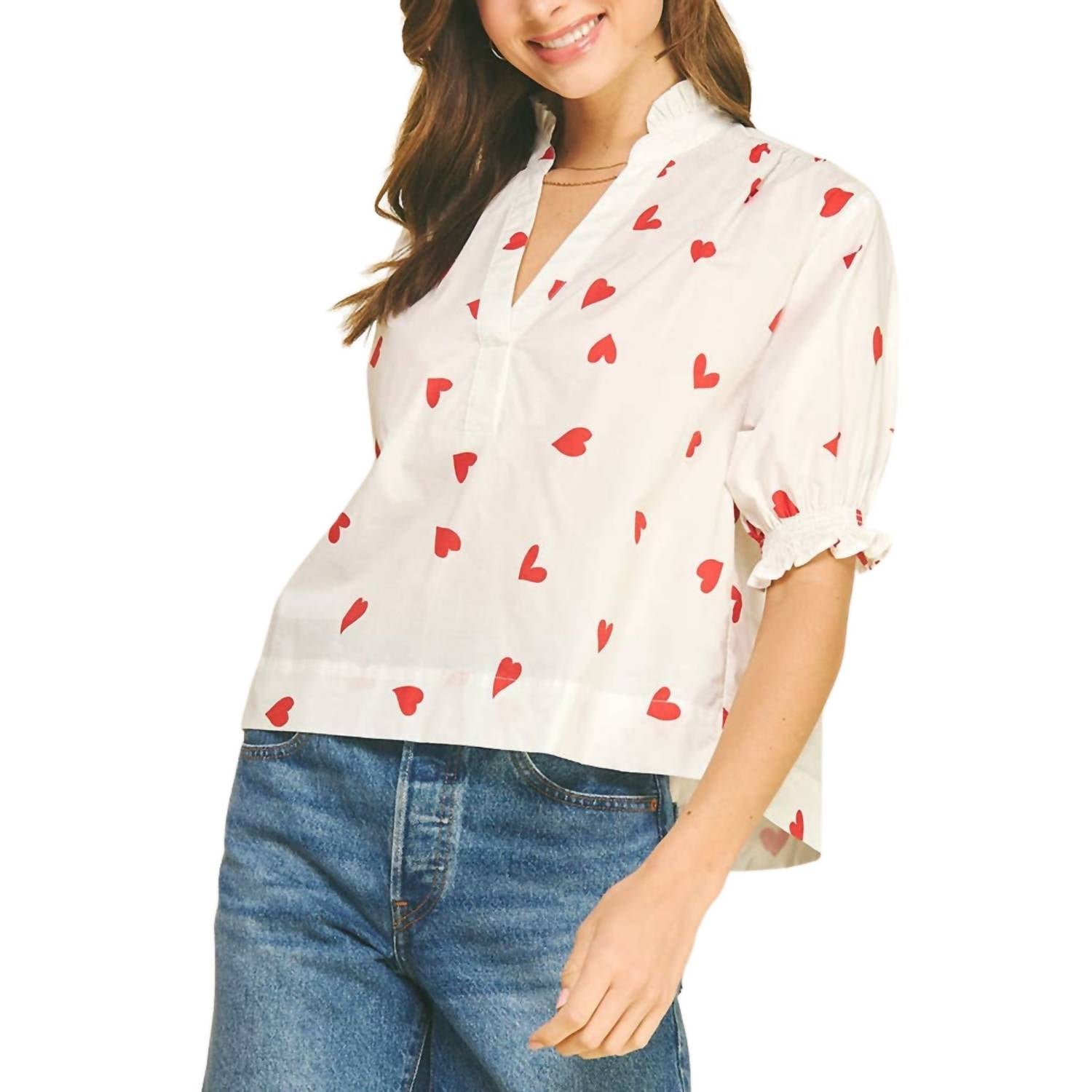Pinch - Heart Print V Neck Blouse Top