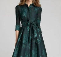 Teri Jon - Metallic Jacquard Shirtdress Gown With Floral Print