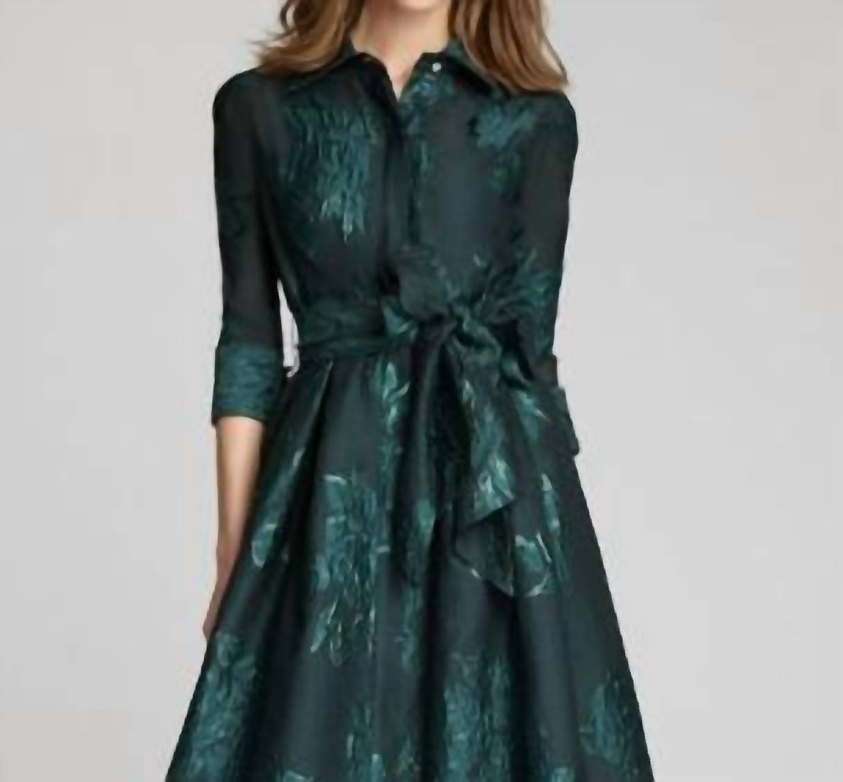 Teri Jon - Metallic Jacquard Shirtdress Gown With Floral Print