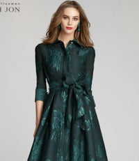 Teri Jon - Metallic Jacquard Shirtdress Gown With Floral Print
