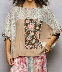 POL Floral Lace Top in multi brown grey - women's blouse