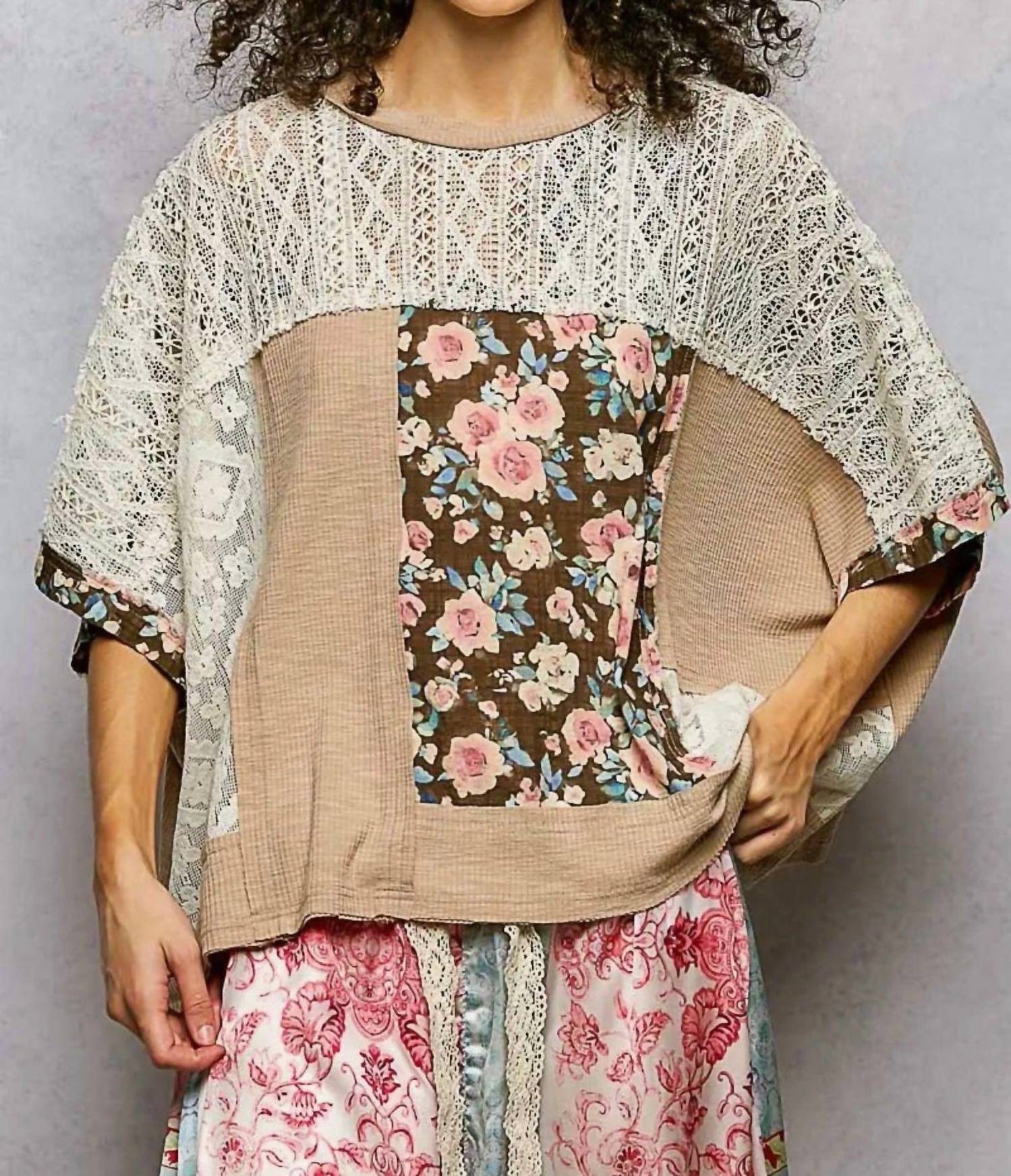 POL Floral Lace Top in multi brown grey - women's blouse