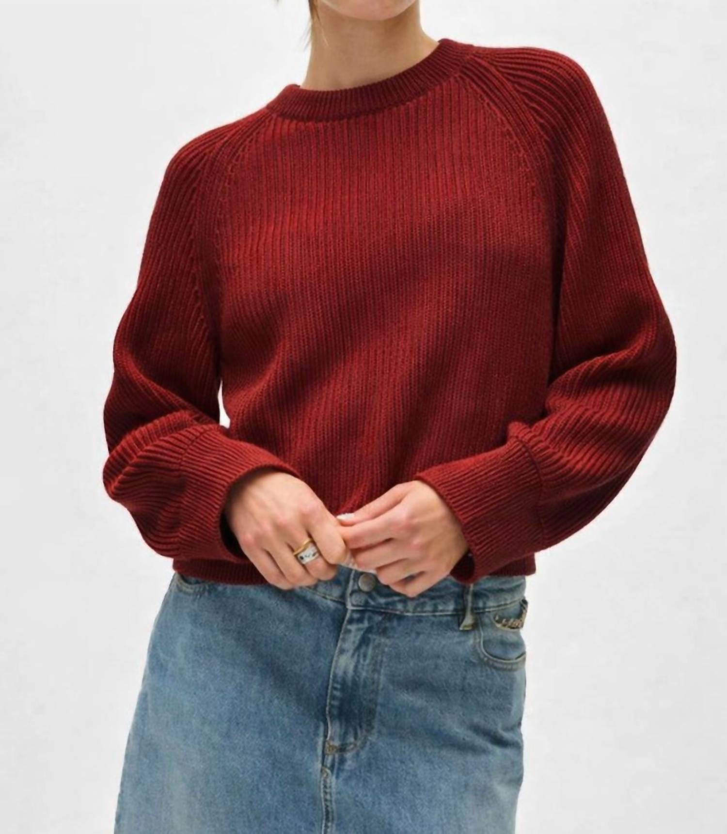 White + Warren Plaited Crewneck Sweater in mulberry cherry - women's sweater