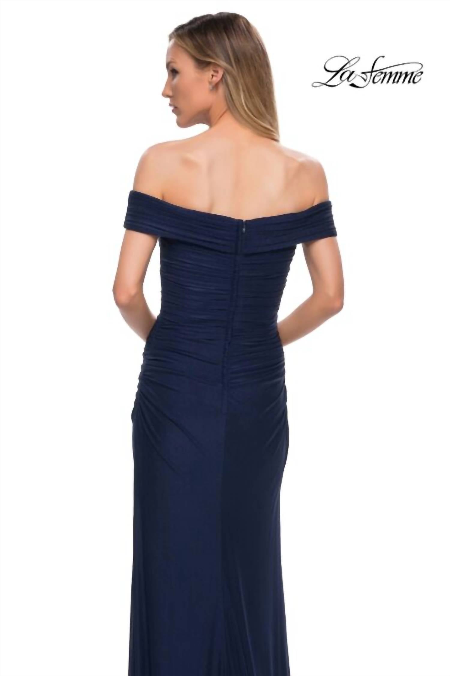 La Femme Women's Ruched Jersey Long Gown in Navy