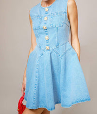 Blue B Jeweled Button Denim Flare Dress in light wash - women's dress
