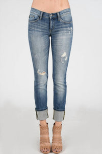 Judy Blue Distressed Cuffed Straight Leg Jeans in blue - women's jeans