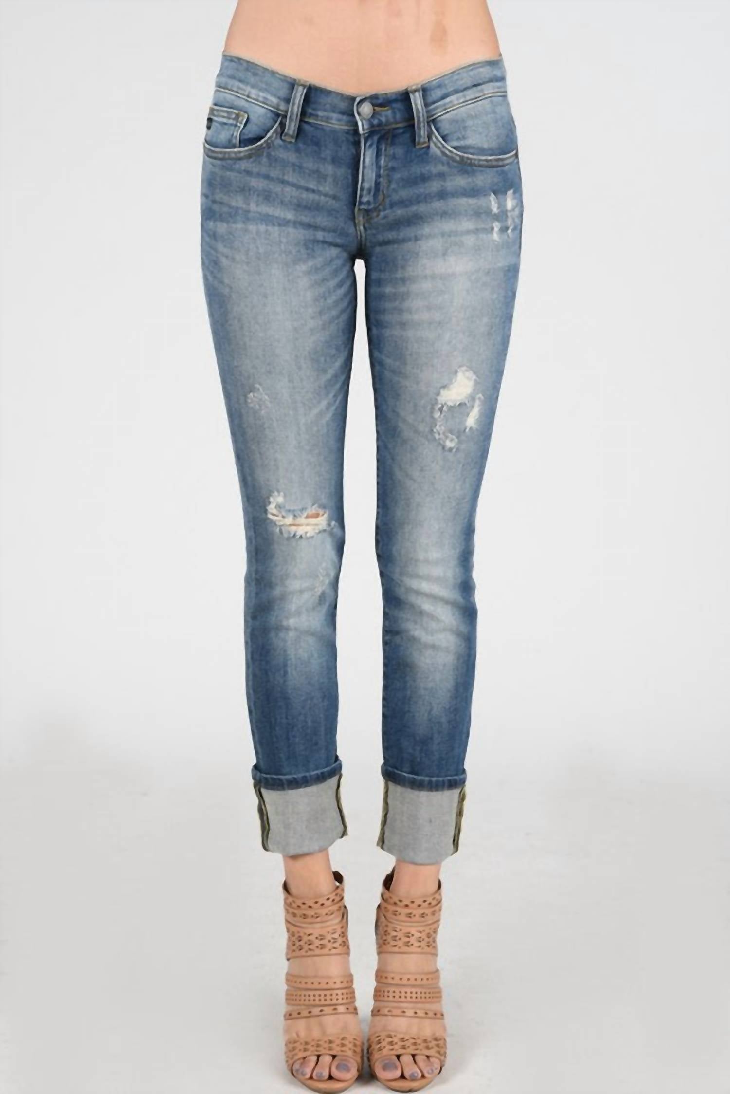 Judy Blue Distressed Cuffed Straight Leg Jeans in blue - women's jeans