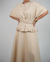 Lalavon - Pleated Waist Knit Top And Maxi Skirt Set