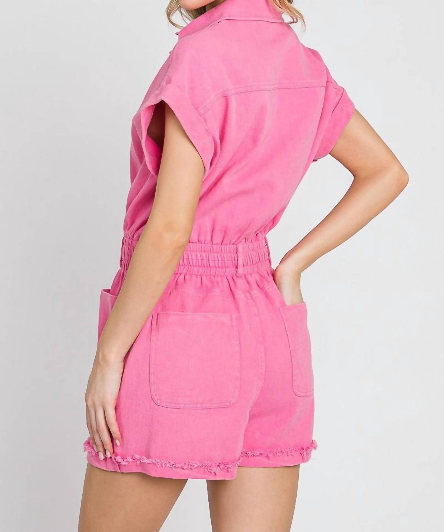 Sewn and Seen Edie Mineral Washed Denim Romper in vintage fuchsia - women's pants - alternate view