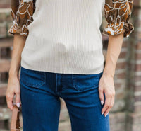 Voy - Floral Embroidered Short Puff Sleeve Ribbed Knit Top