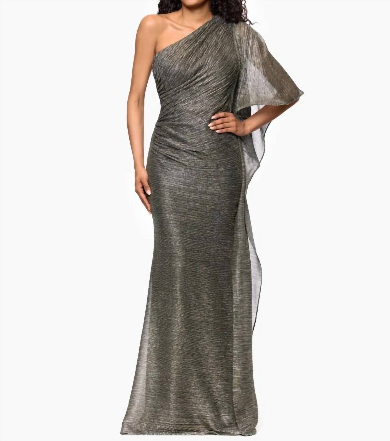 Betsey Johnson - Metallic Knit One Shoulder Draped Cape Floor Length Dress