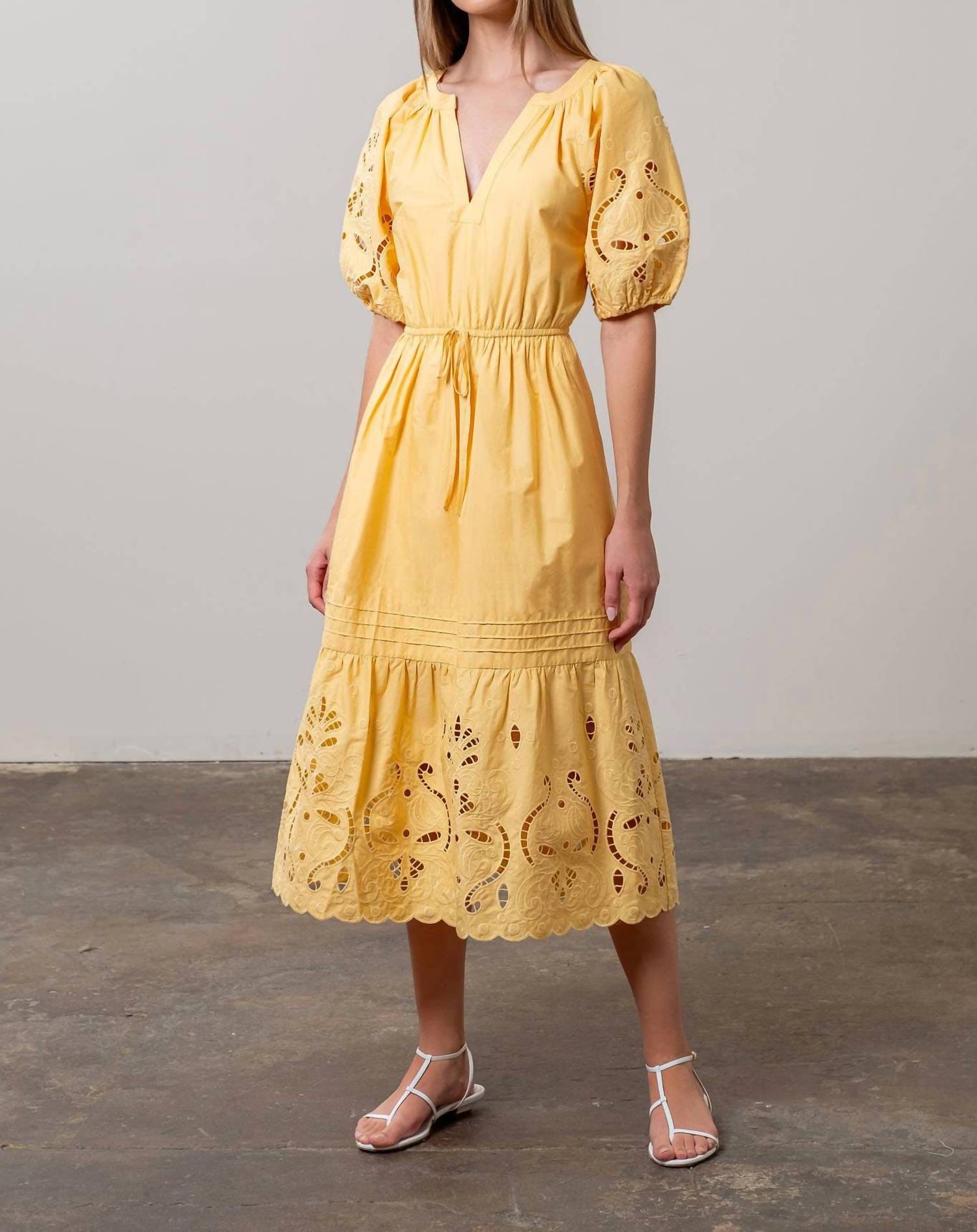 MOON RIVER Eyelet Midi Dress in light yellow - women's dress