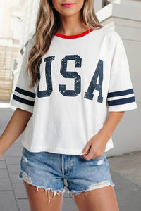 Aapparella - Usa Letter Print Striped Sleeve Tee