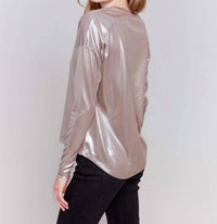 CHARLIE B Foiled Knit Long Sleeve Top in truffle - women's blouse - detail view