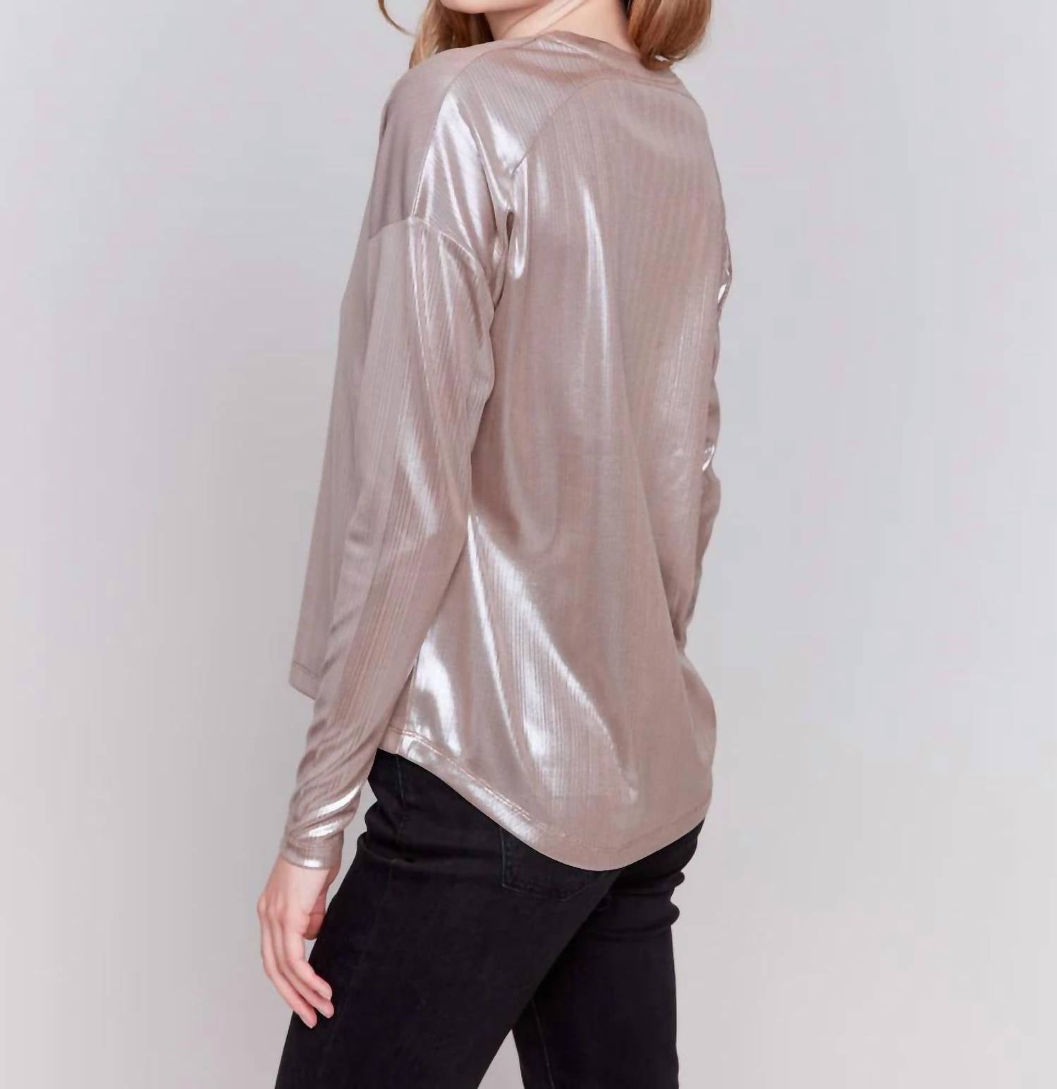 CHARLIE B Foiled Knit Long Sleeve Top in truffle - women's blouse - detail view