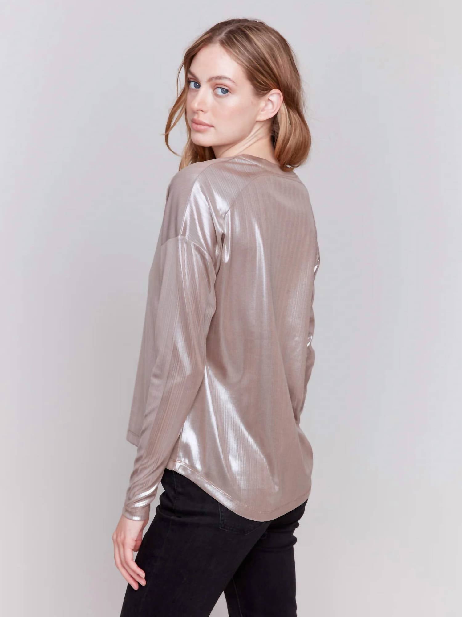 CHARLIE B Foiled Knit Long Sleeve Top in truffle - women's blouse - alternate view