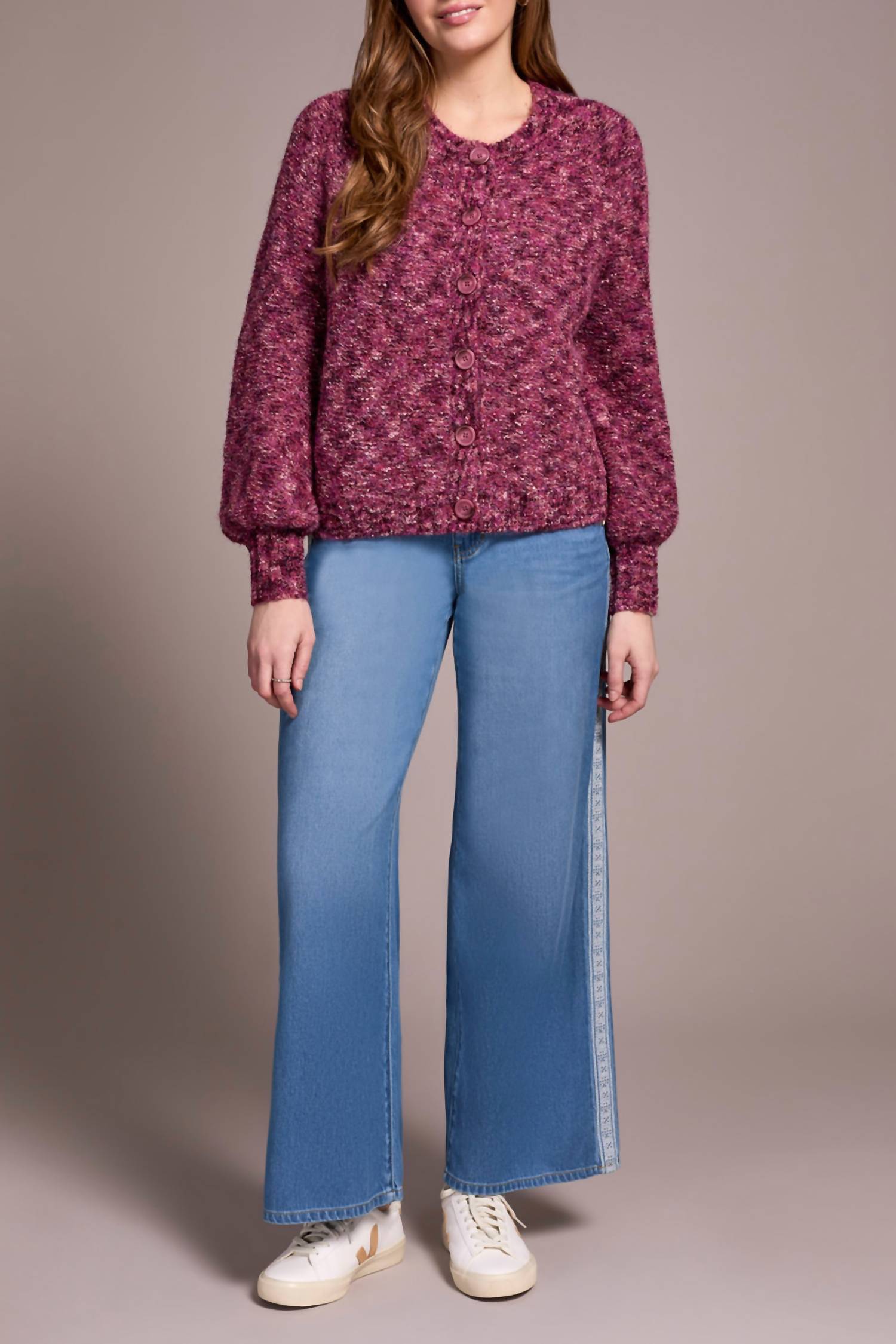 Tribal - Button-Front Crew Neck Sweater Cardigan