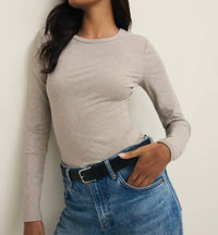 Z Supply Second Skin Crew Neck Long Sleeved Top in natural heather - women's long sleeve top - detail view