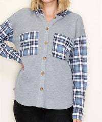 Staccato - Waffle Knit Plaid Contrasted Button Up Hooded Top