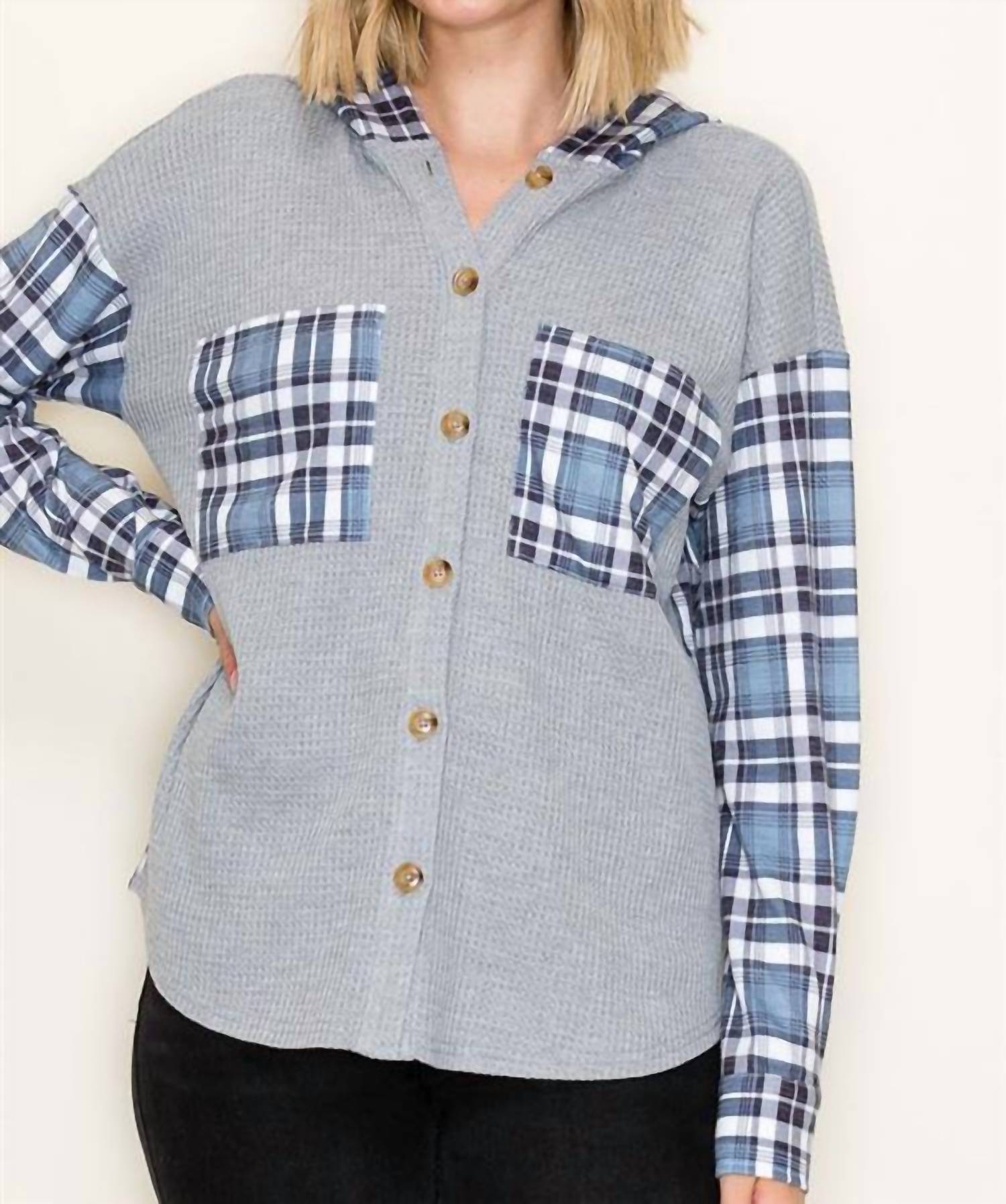 Staccato - Waffle Knit Plaid Contrasted Button Up Hooded Top