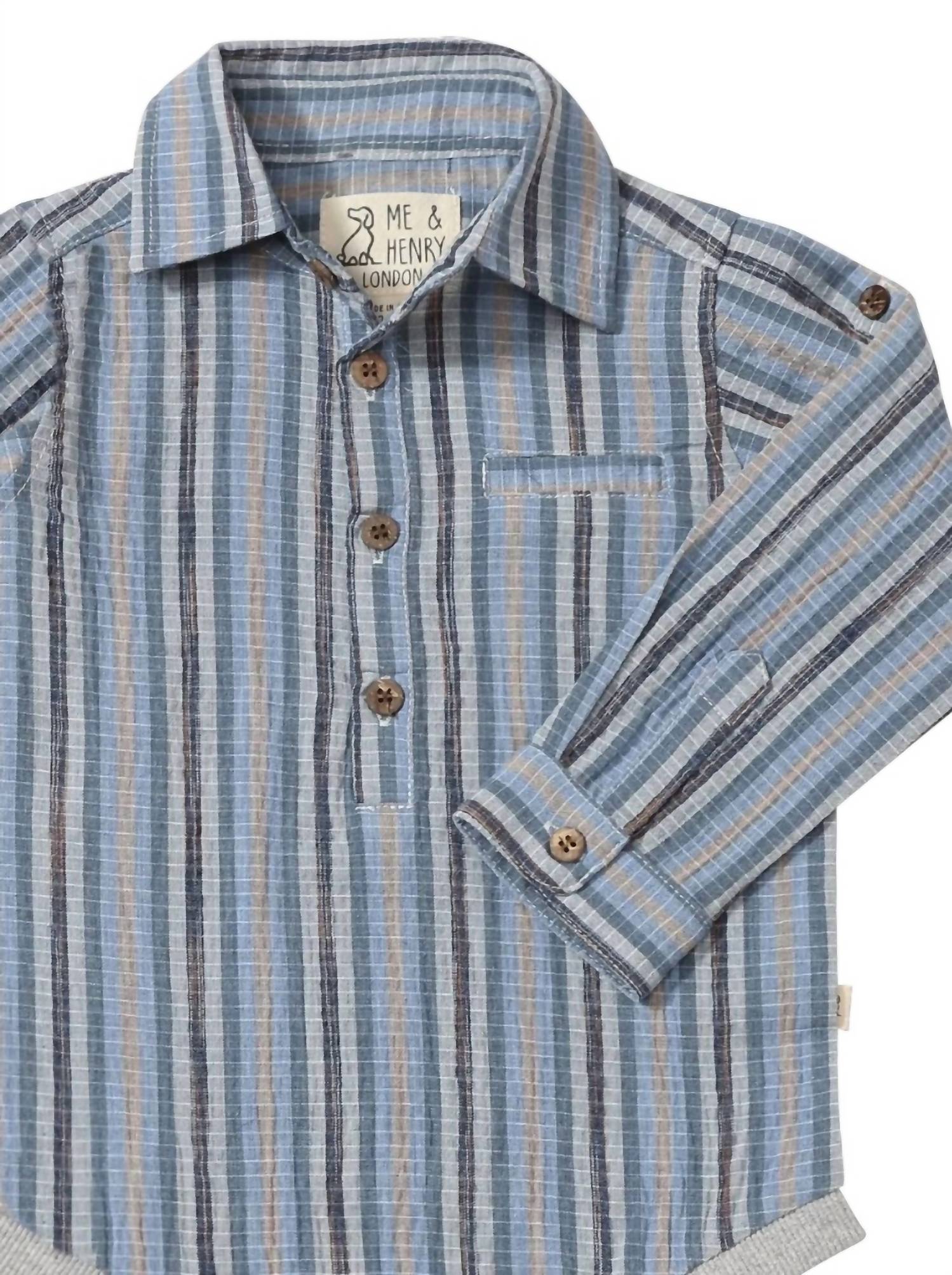 ME & HENRY Boy's Jasper Woven Onesie in navy multi plaid - kids' item - detail view