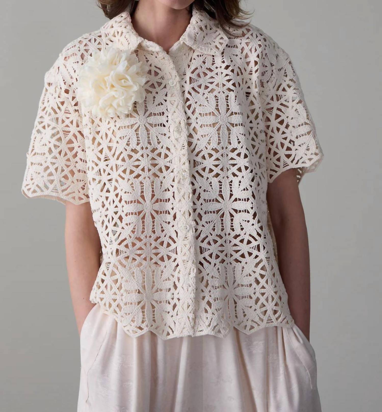 Caron Callahan April Button Down Shirt in ivory cotton lace - women's shirt