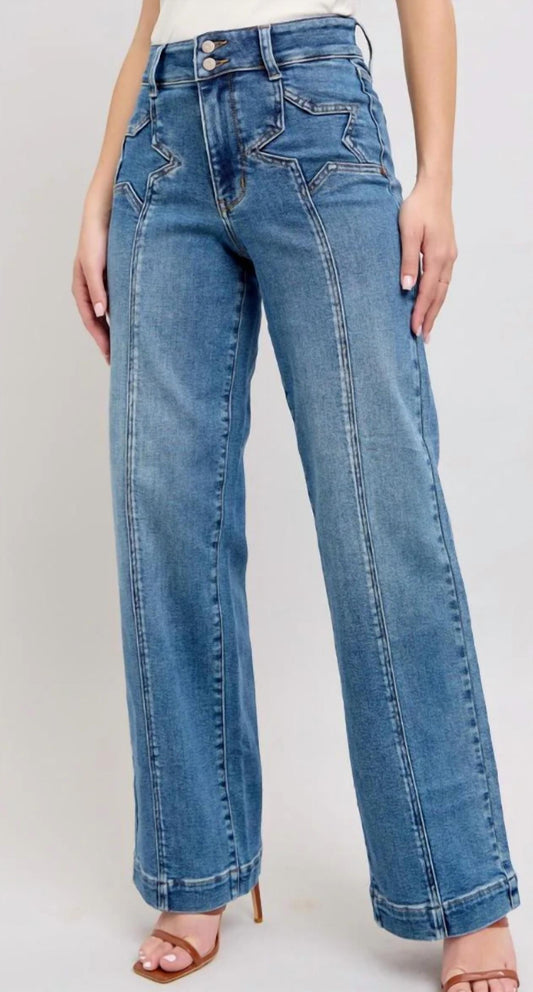 Judy Blue - High Waist Double Button Star & Front Seam Detail Wide Leg Denim Jeans