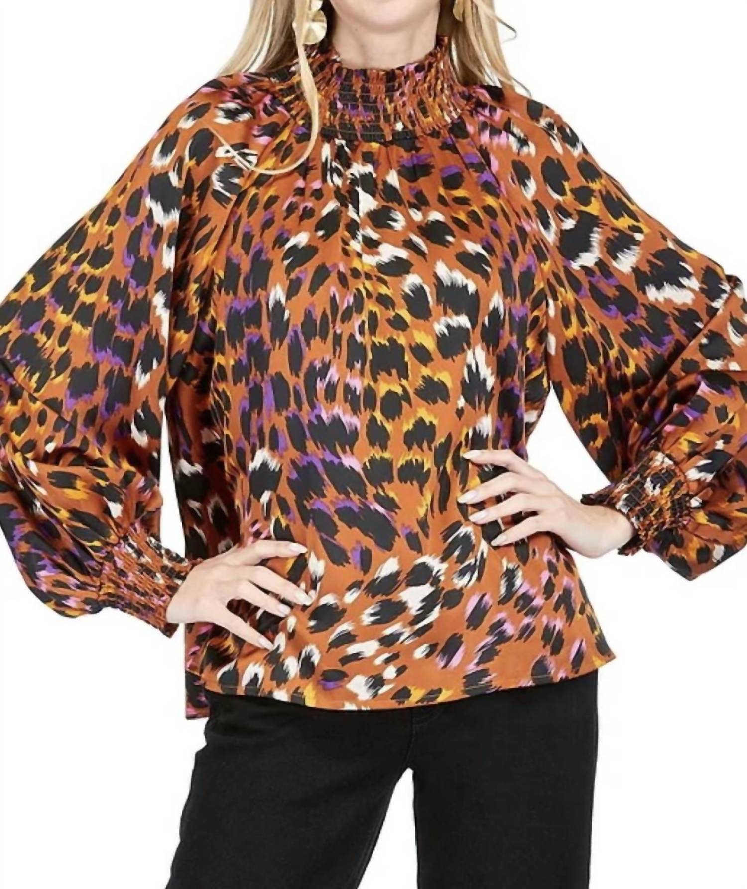Jade - Cheeta mock Neck blouse