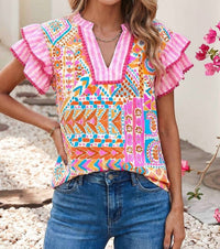 Little Daisy Closet - Boho Contrast Striped Patchwork Tiered Blouse