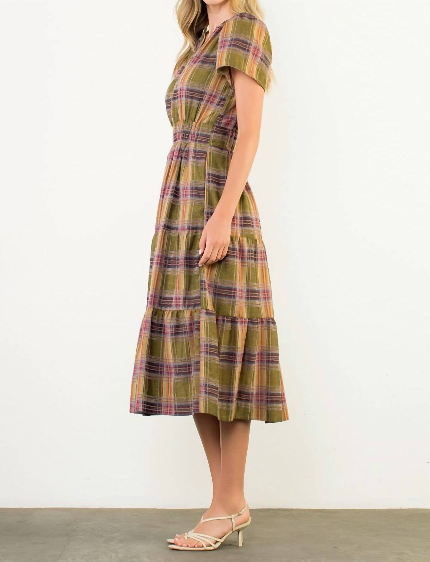 THML Nadyia Plaid Dress in olive - women's dress - alternate view