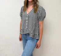 Vine & Love - Puff Short Sleeve V-neck Gingham Blouse