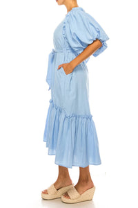 Vivid - Short Puff Sleeve Belted Tiered Skirt Dress