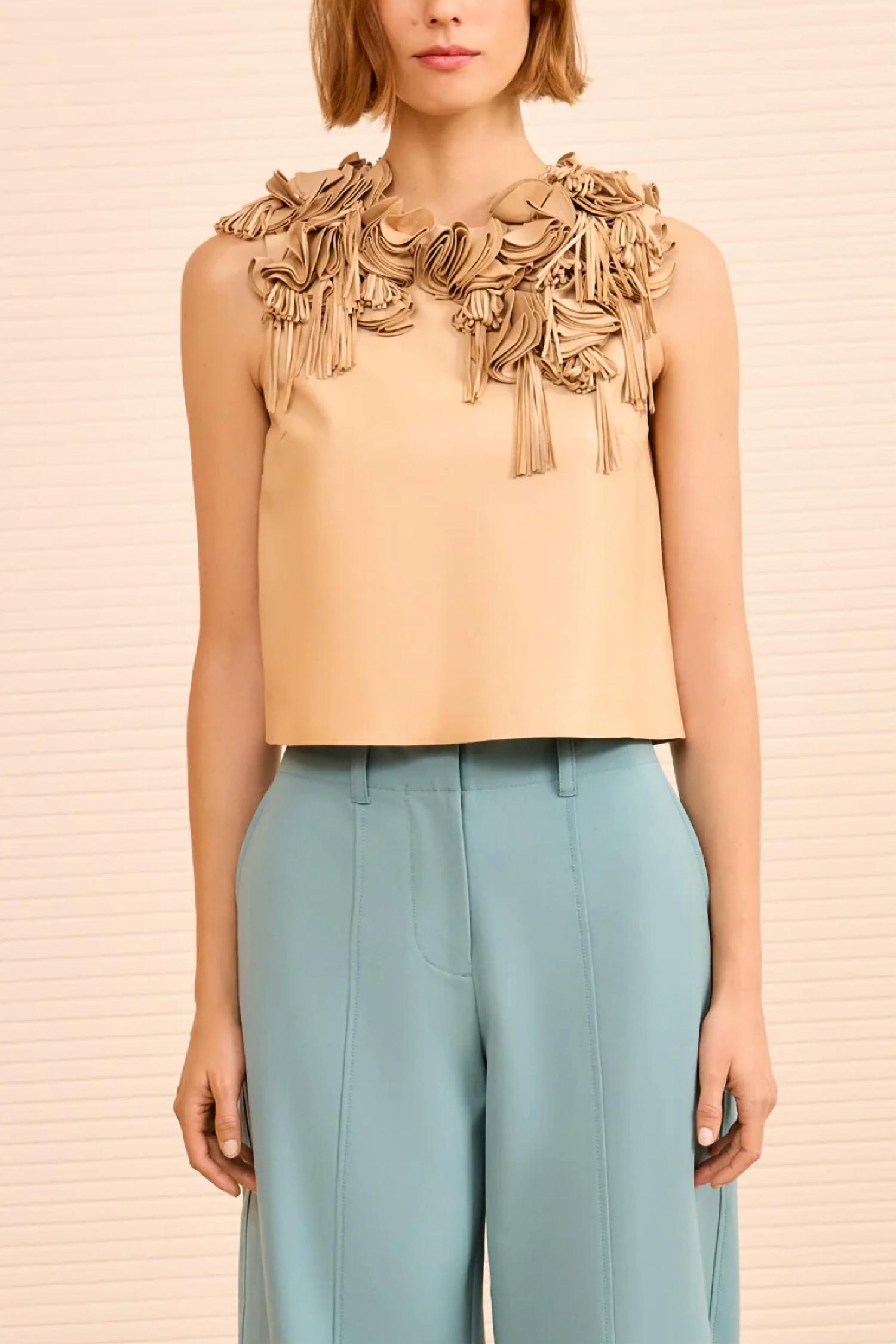 Ulla Johnson Marlowe Floral Applique Leather Top in alabaster - women's blouse